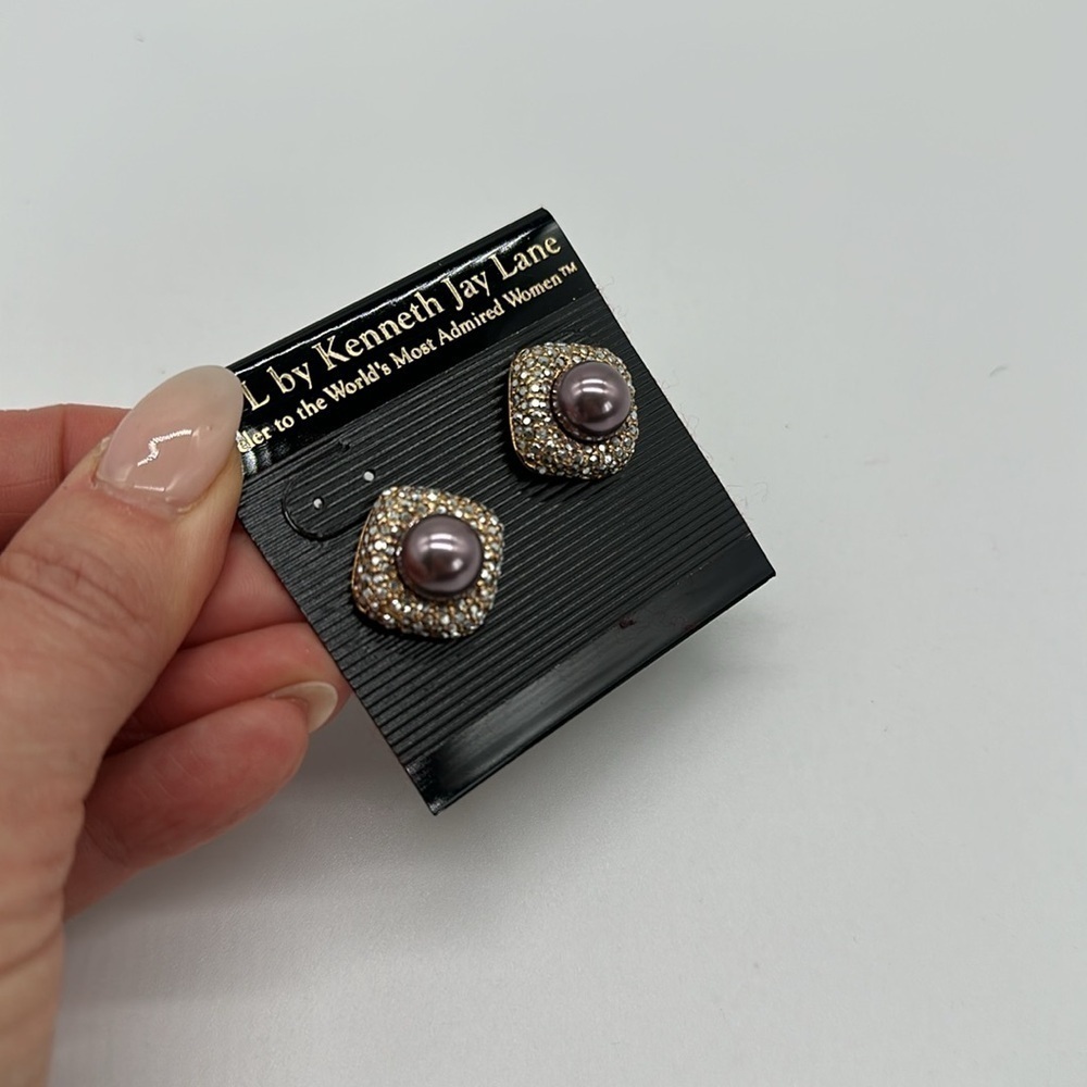KJL Kenneth Jay Lane Vintage Faux Purple Pearl & Pave Pierced Earrings - Picture 3 of 5